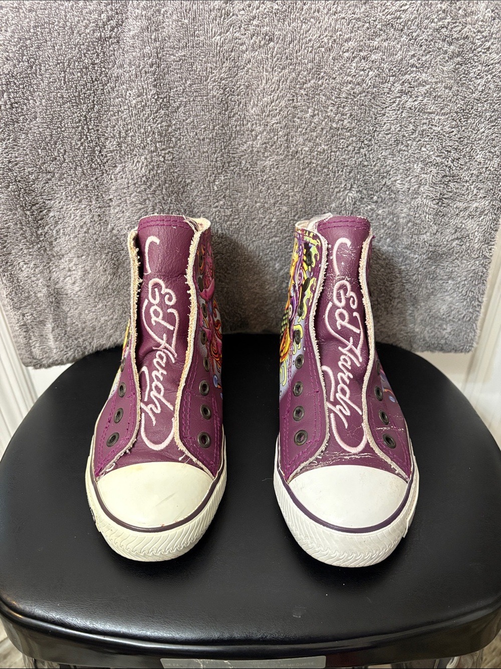 Ed Hardy Y2K Women's Purple Leather High-Top Sneakers with Mermaid Graphics